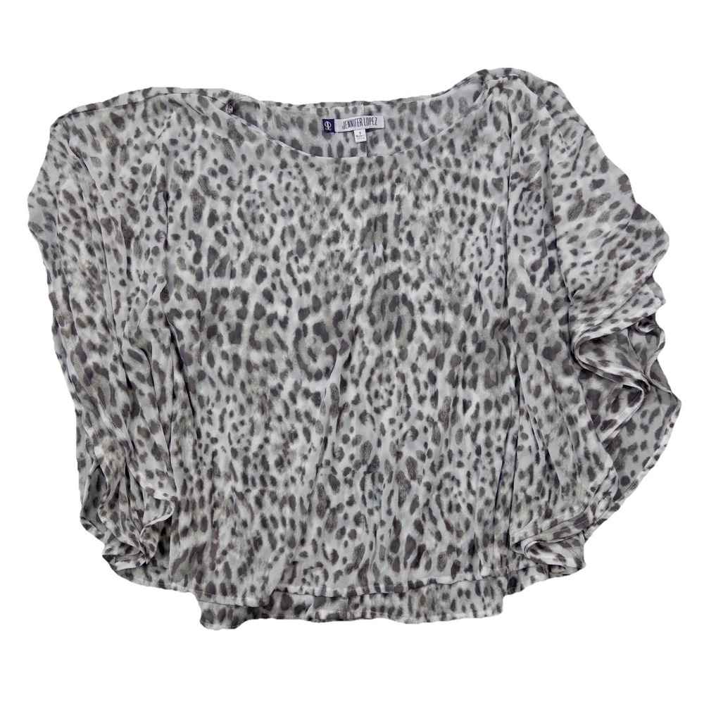 Leopard Print Blouse Womens S Gray Ruffle Sleeve Scoop‎ Neck Y2K Mob Wife Boho